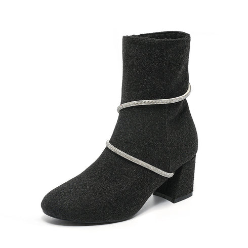 Chunky Mid Heel Boots With Rhinestone Chain Design Shoes For Women - ROUTINE FASHION